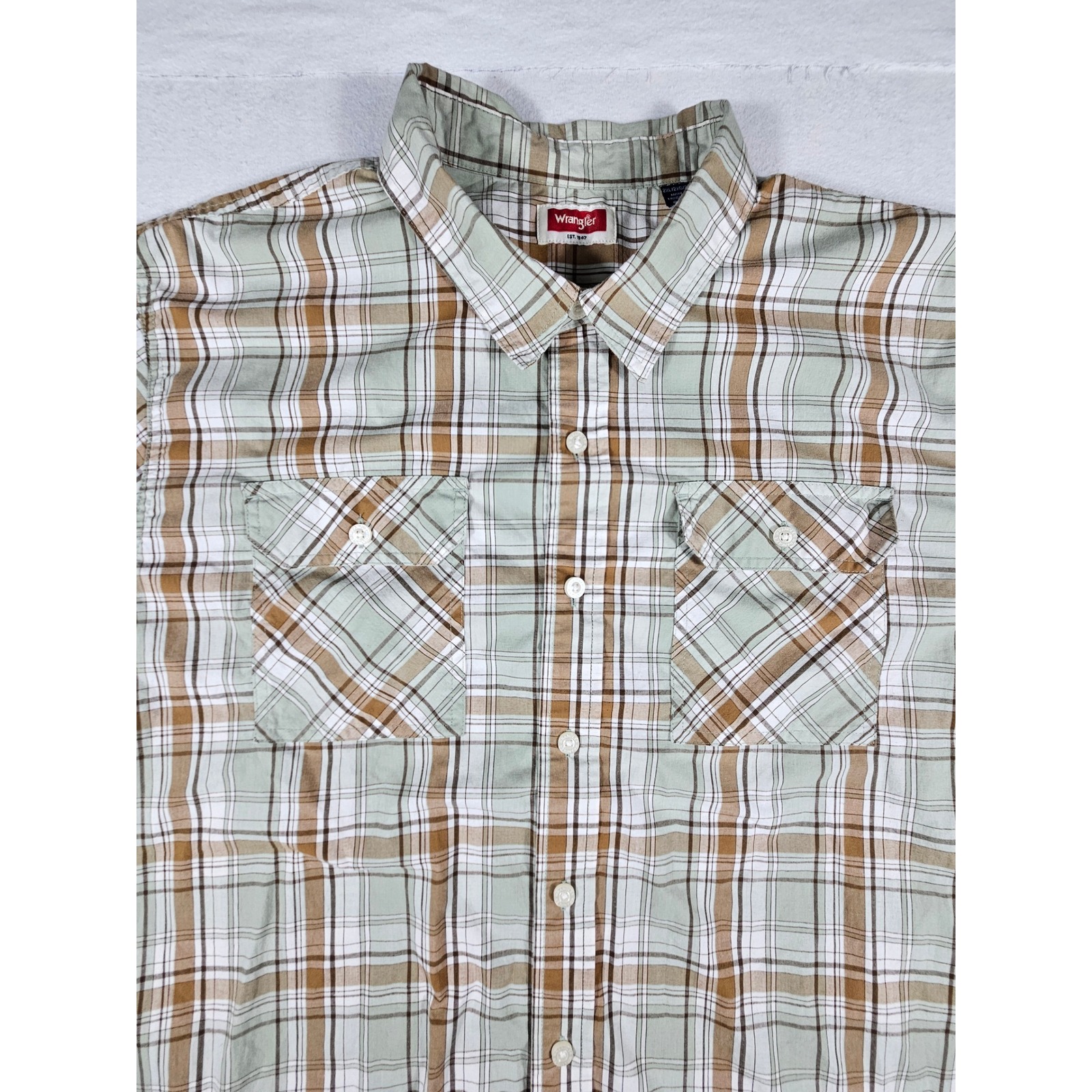 Wrangler Mens 2xl Plaid Short Sleeve Button Up Shirt Sage Green Brown 112338675